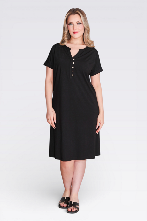 40198 DÜĞME DETAYLI DÜŞÜK KOL RAHAT KESİM ÖRME ELBİSE