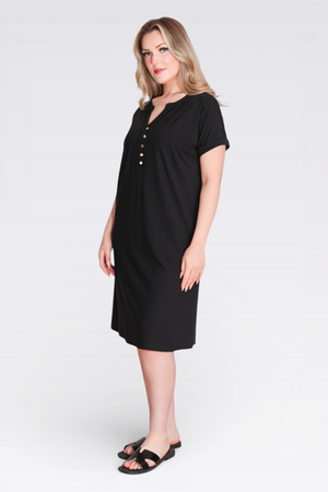 40198 DÜĞME DETAYLI DÜŞÜK KOL RAHAT KESİM ÖRME ELBİSE - Thumbnail