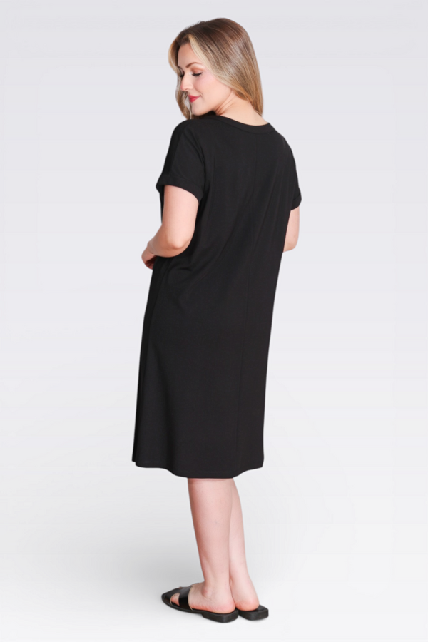 40198 DÜĞME DETAYLI DÜŞÜK KOL RAHAT KESİM ÖRME ELBİSE