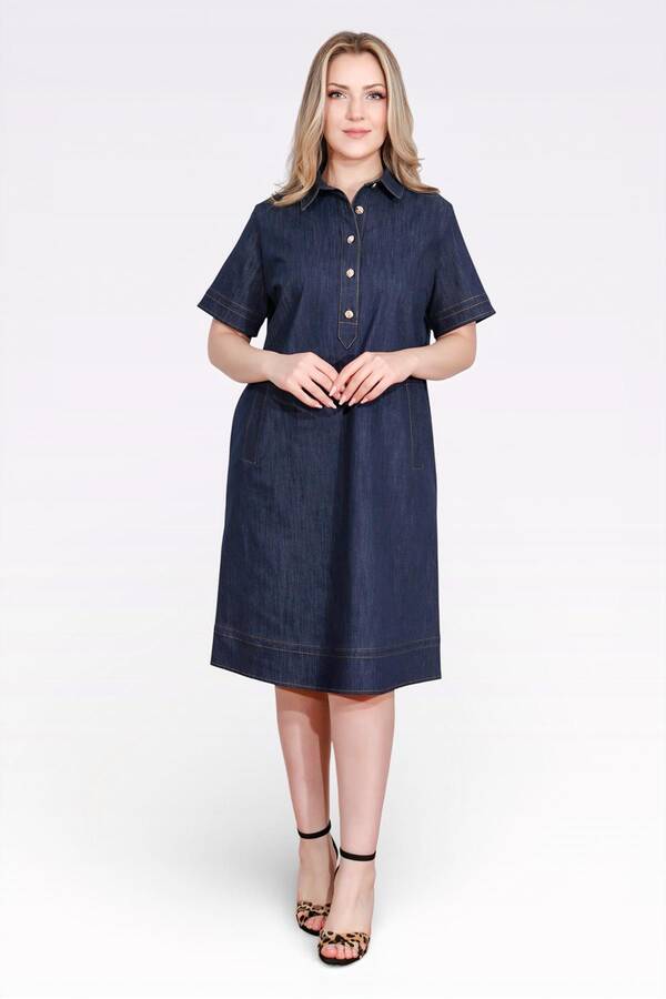 40218 ŞIK DÜĞME DETAYLI MİDİ BOY KISA KOL DENİM ELBİSE