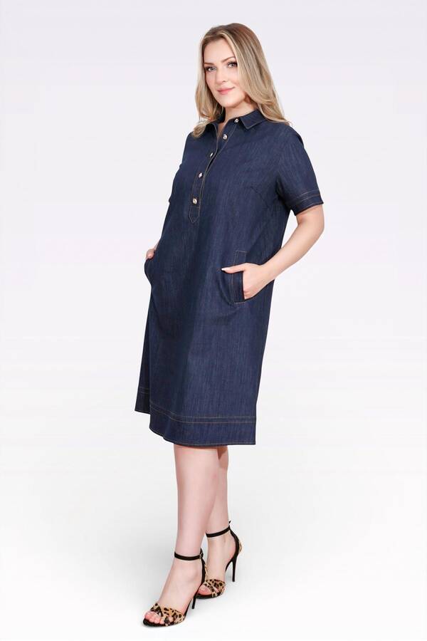 40218 ŞIK DÜĞME DETAYLI MİDİ BOY KISA KOL DENİM ELBİSE