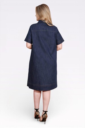 40218 ŞIK DÜĞME DETAYLI MİDİ BOY KISA KOL DENİM ELBİSE - Thumbnail