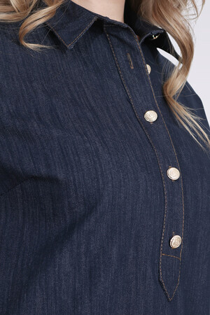 40218 ŞIK DÜĞME DETAYLI MİDİ BOY KISA KOL DENİM ELBİSE - Thumbnail