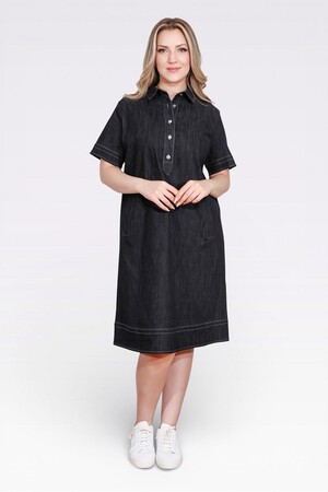 TOLGA SARAÇOĞLU - 40218 ŞIK DÜĞME DETAYLI MİDİ BOY KISA KOL DENİM ELBİSE