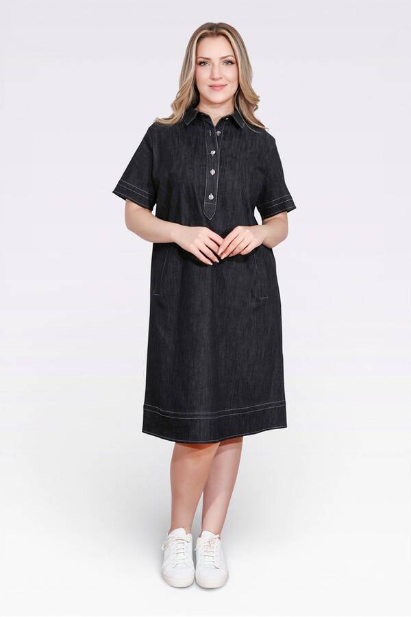 40218 ŞIK DÜĞME DETAYLI MİDİ BOY KISA KOL DENİM ELBİSE