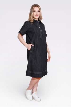 40218 ŞIK DÜĞME DETAYLI MİDİ BOY KISA KOL DENİM ELBİSE - Thumbnail