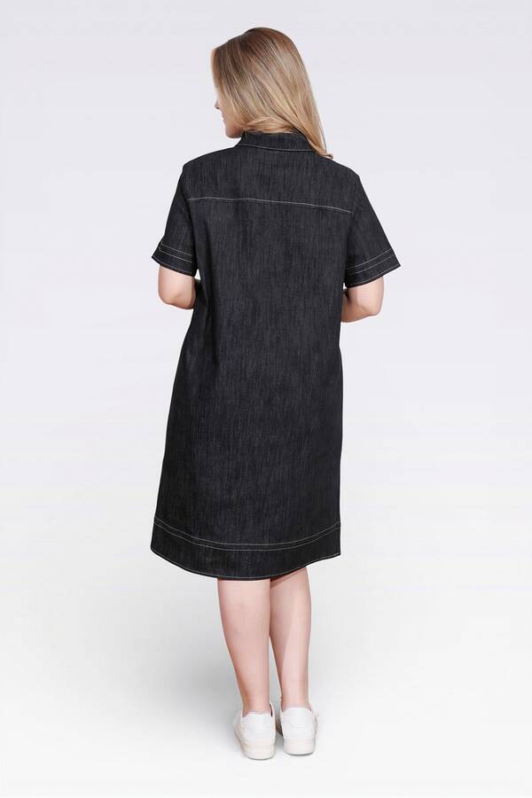40218 ŞIK DÜĞME DETAYLI MİDİ BOY KISA KOL DENİM ELBİSE