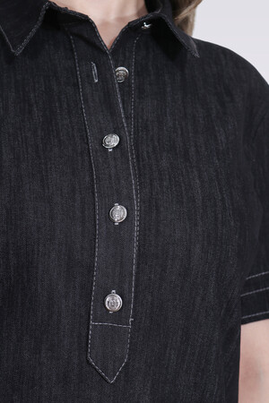 40218 ŞIK DÜĞME DETAYLI MİDİ BOY KISA KOL DENİM ELBİSE - Thumbnail