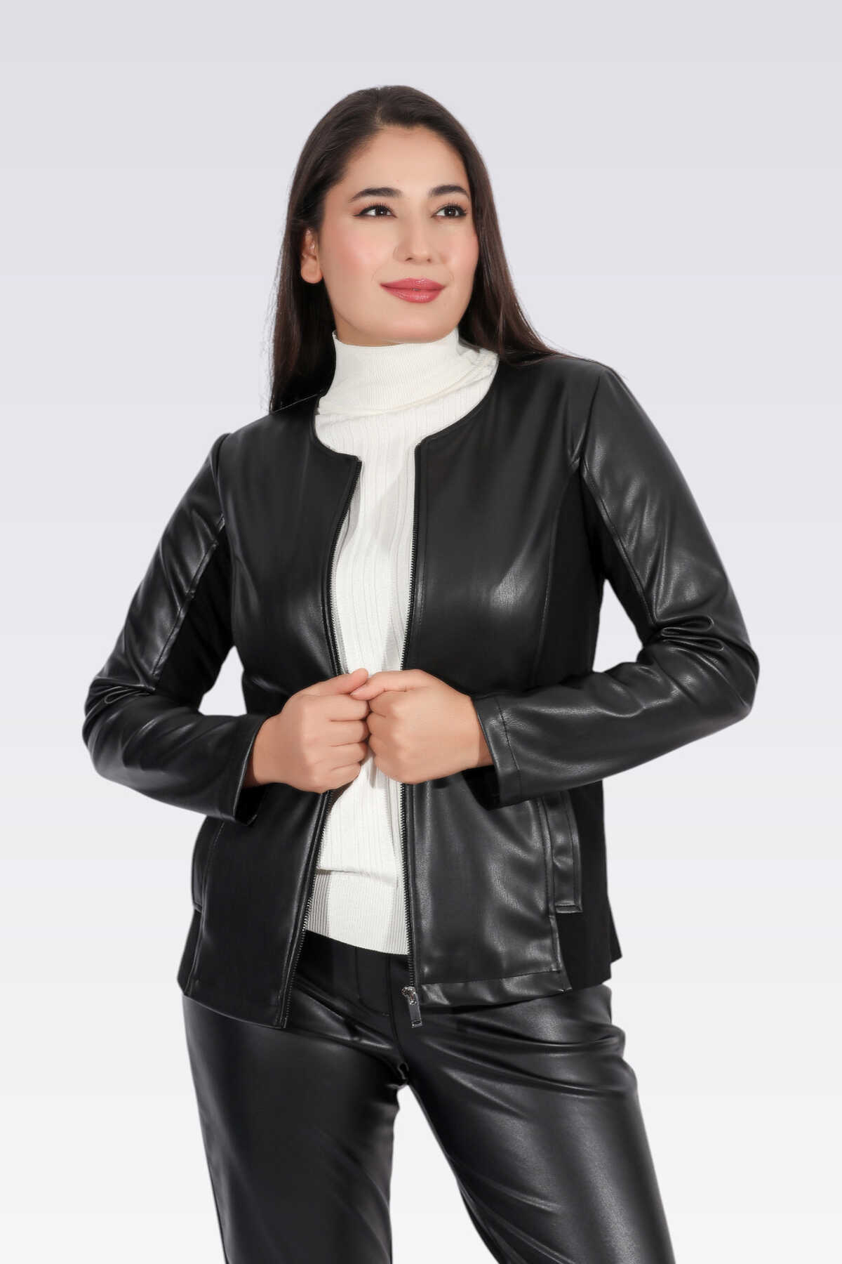 50074 Örme Kumaş Kombinli Deri Ceket