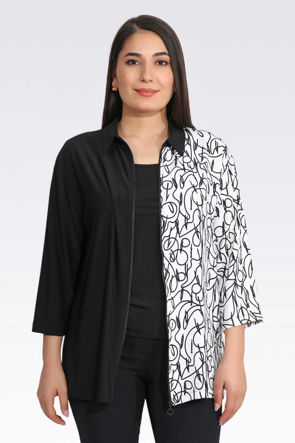 50281 Rahat Kesim Fermuarlı Desenli Ceket